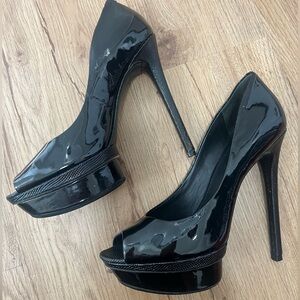 Brian Atwood Black Patent Leather Platform Heels | Peep Toe Pumps | Size 8.5